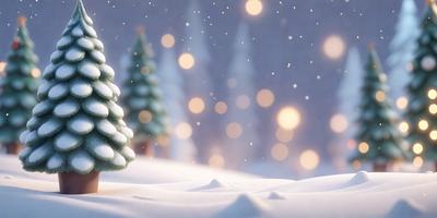 The primary subject of the image is a small, snow-covered Christmas tree. The setting is a snowy landscape, with a few other trees in the background. The visual style is a digital art or illustration, creating a festive and cozy atmosphere. The dominant colors are white and snowy shades, with the tree being the main focal point.